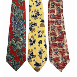 Lands' End Mens 100% Silk Neck Ties Floral Print USA Vintage 80s‎ 90s LOT OF 3